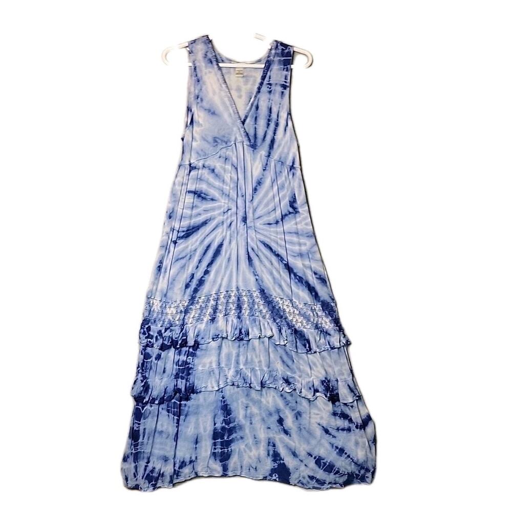Cute Options Blue Tie Dye Sleeveless V Neck Tiered Beachy Maxi Dress Plus 3XL